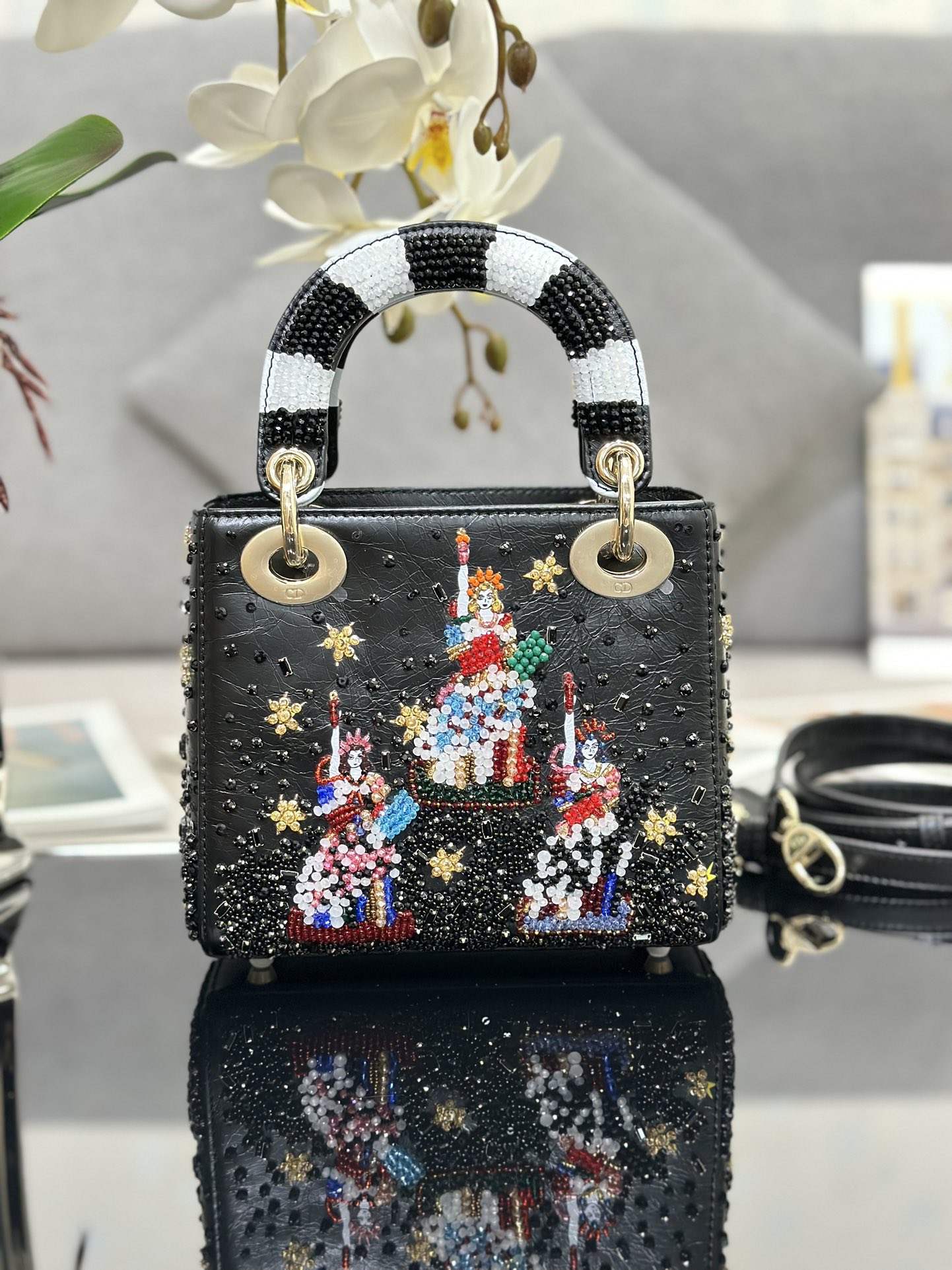 Mini Lady Dior Bag Black Calfskin Lady Liberty Embroidered with Paint Beads